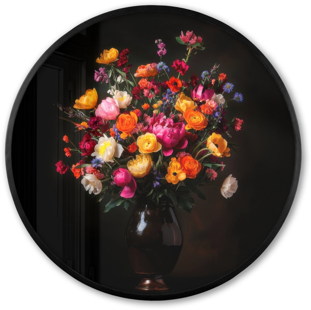 FrameYourWall Poster in lijst Rond - Fotolijst 80x80 cm - Posters - Kleurrijk - Boeket - Vaas - Donkerbruin - Ronde posterlijst zwart - Decoratie - Wanddecoratie woonkamer - Muurdecoratie slaapkamer Boeket - Bloemen 5