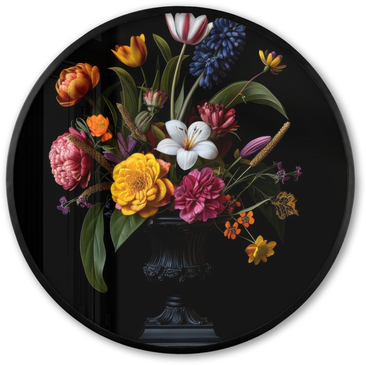 FrameYourWall Poster in lijst Rond - Fotolijst 80x80 cm - Posters - Lente - Bloemen - Klassiek - Vaas - Ronde posterlijst zwart - Decoratie - Wanddecoratie woonkamer - Muurdecoratie slaapkamer Boeket - Bloemen 3