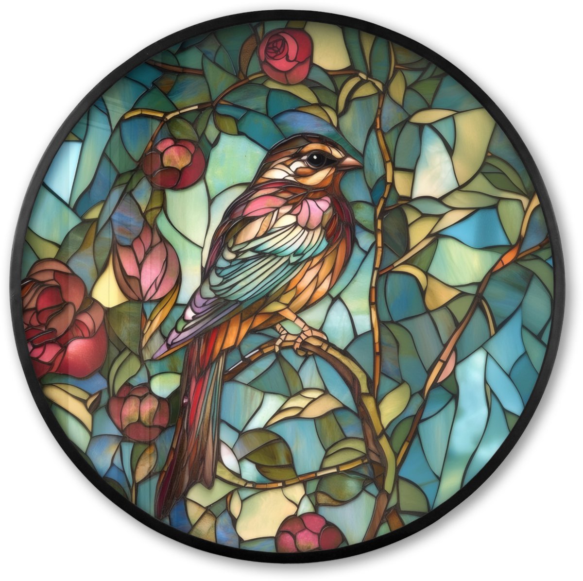 FrameYourWall Poster in lijst Rond - Fotolijst 80x80 cm - Posters - Vogel - Tak - Rozen - Mozaïek - Ronde posterlijst zwart - Decoratie - Wanddecoratie woonkamer - Muurdecoratie slaapkamer Vogel - Tak - Mozaïek