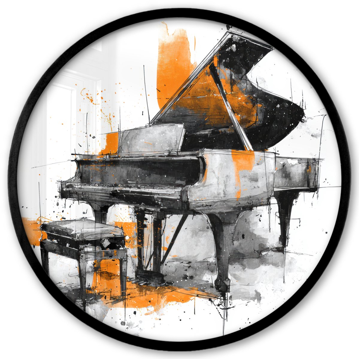 FrameYourWall Poster in lijst Rond - Fotolijst 40x40 cm - Posters - Piano - Oranje - Zwart - schets lijnen - Ronde posterlijst zwart - Decoratie - Wanddecoratie woonkamer - Muurdecoratie slaapkamer