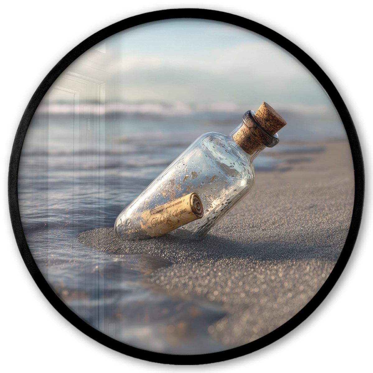 FrameYourWall Poster in lijst Rond - Fotolijst 40x40 cm - Posters - Glazenfles - Post - Zee - Zand - Ronde posterlijst zwart - Decoratie - Wanddecoratie woonkamer - Muurdecoratie slaapkamer