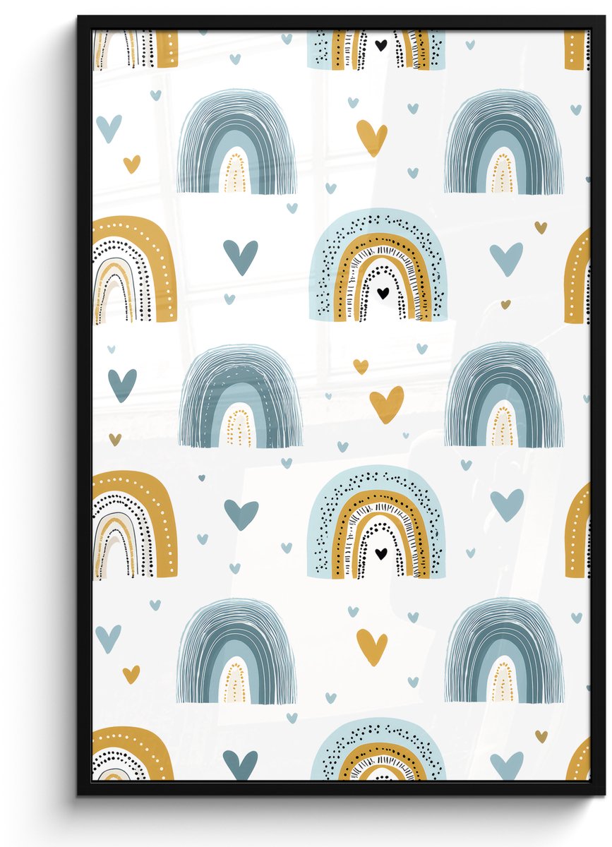 FrameYourWall Poster in lijst - Fotolijst 80x120 cm - Posters - Patroon - Regenboog - Hartjes - Posterlijst zwart - Decoratie - Wanddecoratie woonkamer - Muurdecoratie slaapkamer Multicolor