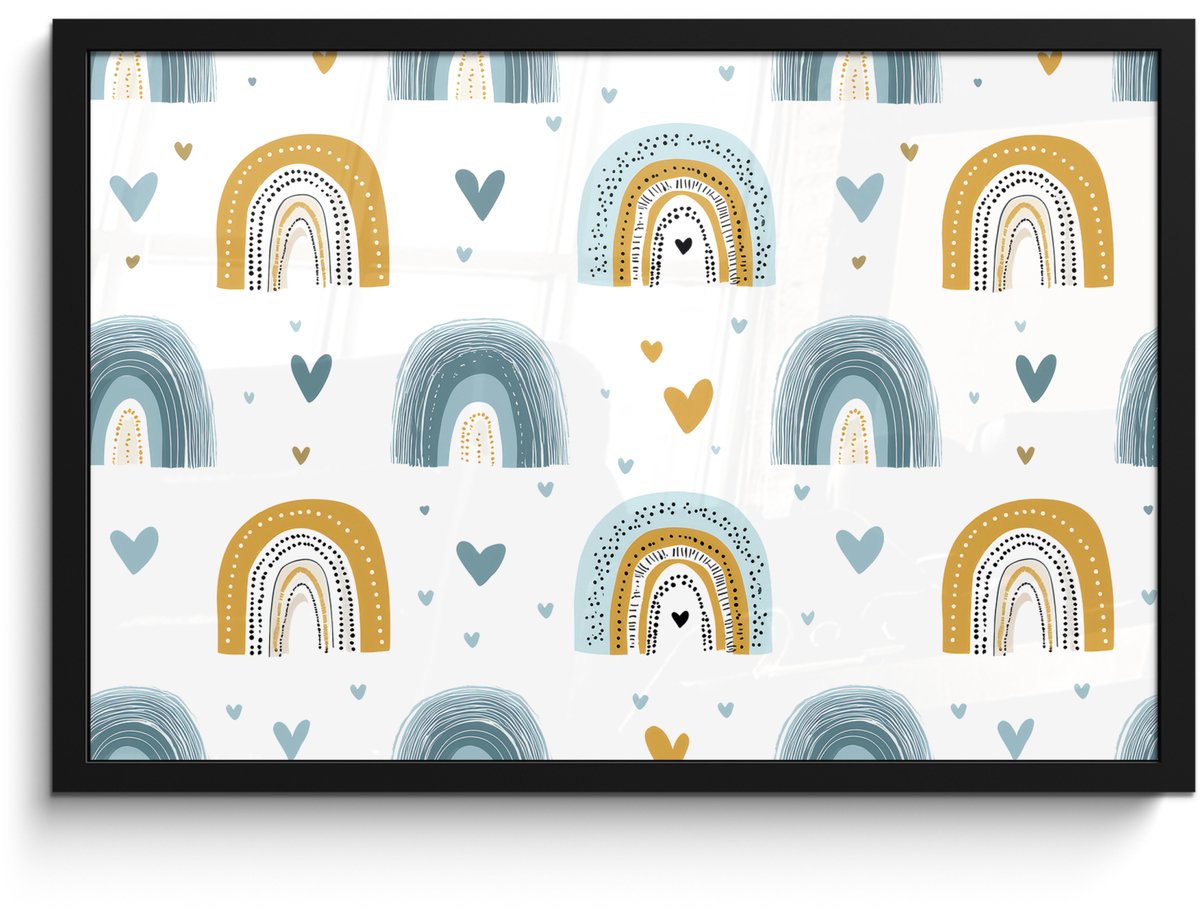 FrameYourWall Poster in lijst - Fotolijst 60x40 cm - Posters - Patroon - Regenboog - Hartjes - Posterlijst zwart - Decoratie - Wanddecoratie woonkamer - Muurdecoratie slaapkamer Multicolor