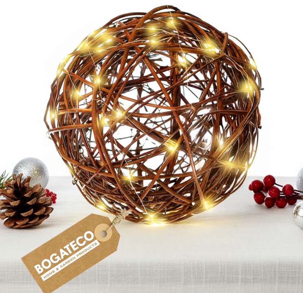 BOGATECO Decoratieve Bal 20 cm met LED-lichtsnoer - Grote wilgenbal met sfeerverlichting | Decoratieve bal voor tuin, balkon en terras