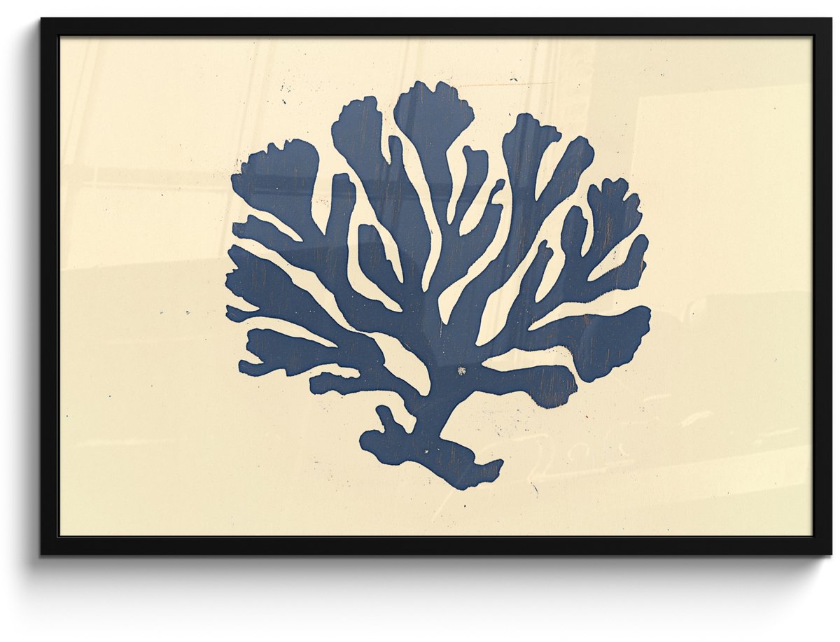 FrameYourWall Poster in lijst - Fotolijst 90x60 cm - Posters - Blauw koraal - Vertakkingen - Beige - Posterlijst zwart - Decoratie - Wanddecoratie woonkamer - Muurdecoratie slaapkamer