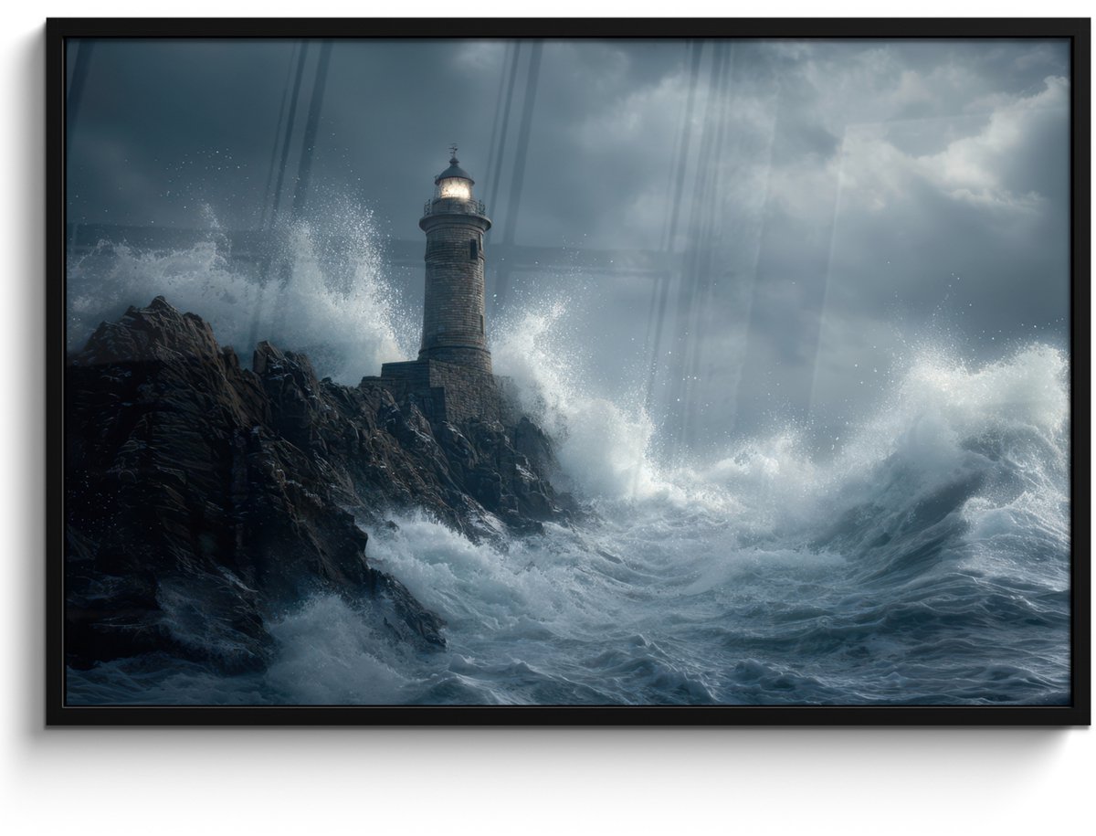 FrameYourWall Poster in lijst - Fotolijst 120x80 cm - Posters - Rotsen - Vuurtoren - Golven - Klliffen - Posterlijst zwart - Decoratie - Wanddecoratie woonkamer - Muurdecoratie slaapkamer Rotsen - Golven - Vuurtoren