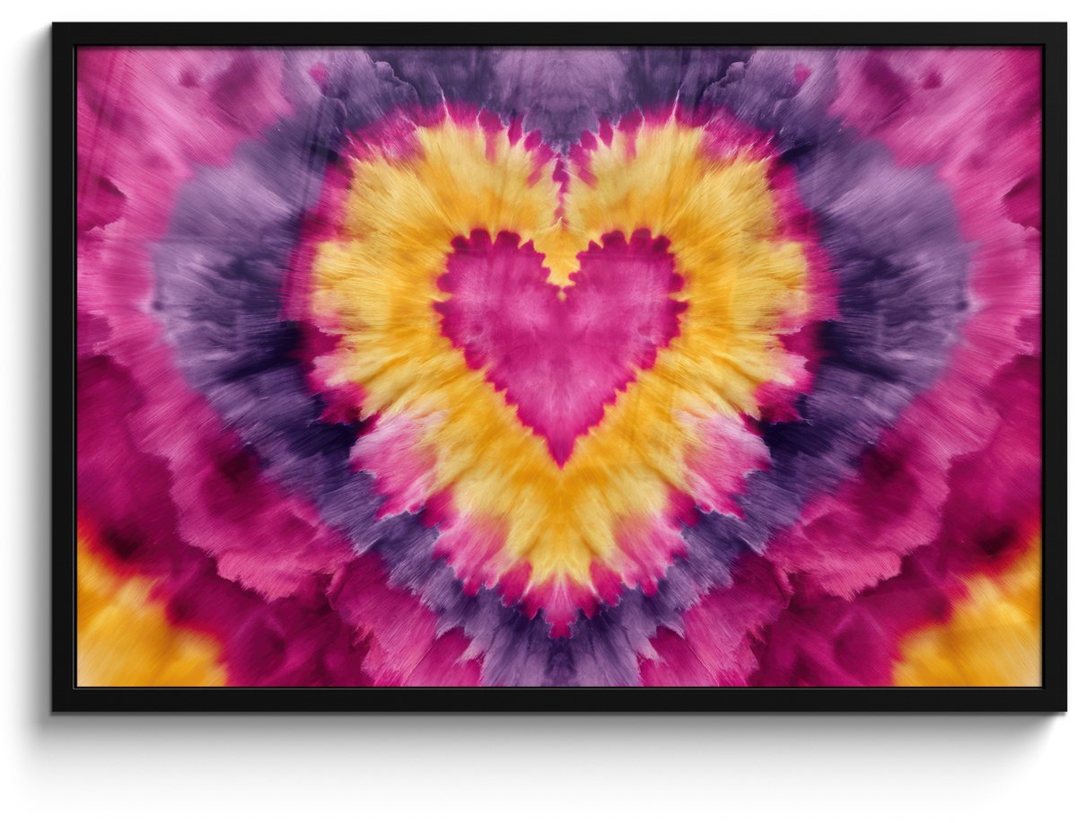 FrameYourWall Poster in lijst - Fotolijst 90x60 cm - Posters - Tie dye - Hartvorm - Vlammen - Oranje - Posterlijst zwart - Decoratie - Wanddecoratie woonkamer - Muurdecoratie slaapkamer