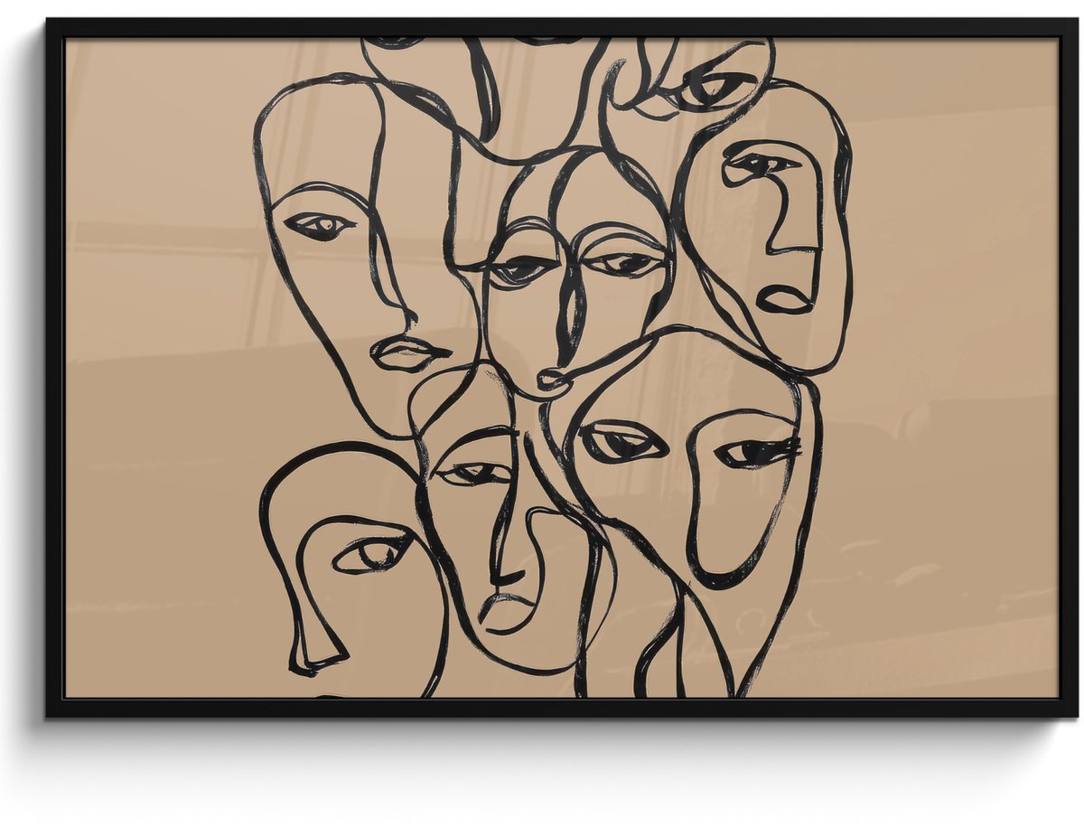 FrameYourWall Poster in lijst - Fotolijst 120x80 cm - Posters - Gezichtenzee - Lijntekening - Abstract - Posterlijst zwart - Decoratie - Wanddecoratie woonkamer - Muurdecoratie slaapkamer Gezichten - Lijntekening