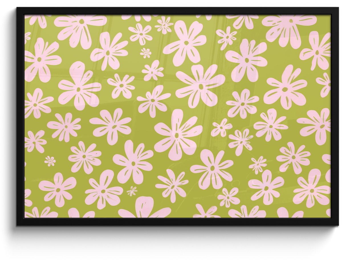 FrameYourWall Poster in lijst - Fotolijst 90x60 cm - Posters - Bloemen - Roze - Getekend - Patroon - Posterlijst zwart - Decoratie - Wanddecoratie woonkamer - Muurdecoratie slaapkamer Bloemen - Patroon