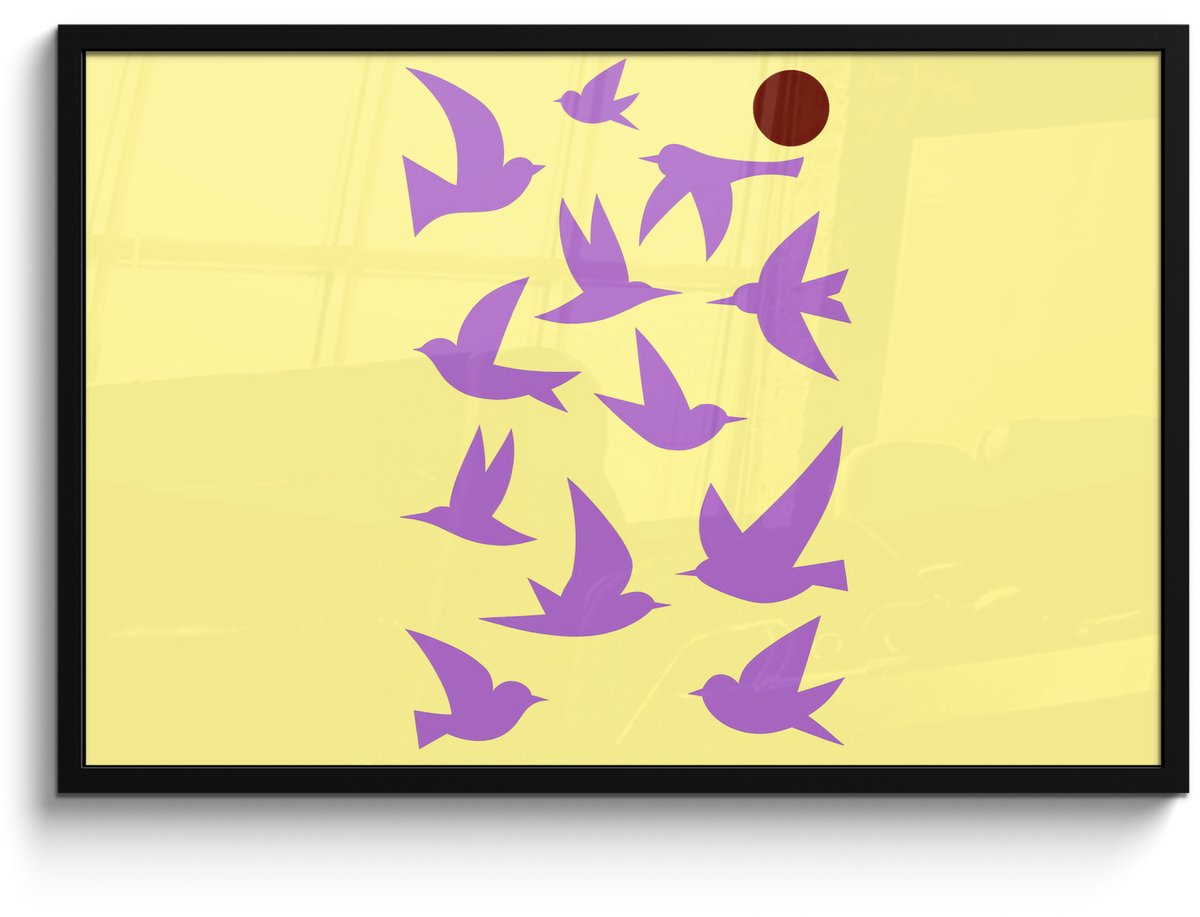 FrameYourWall Poster in lijst - Fotolijst 90x60 cm - Posters - Vogels - Cirkel - Geel - Beweging - Posterlijst zwart - Decoratie - Wanddecoratie woonkamer - Muurdecoratie slaapkamer