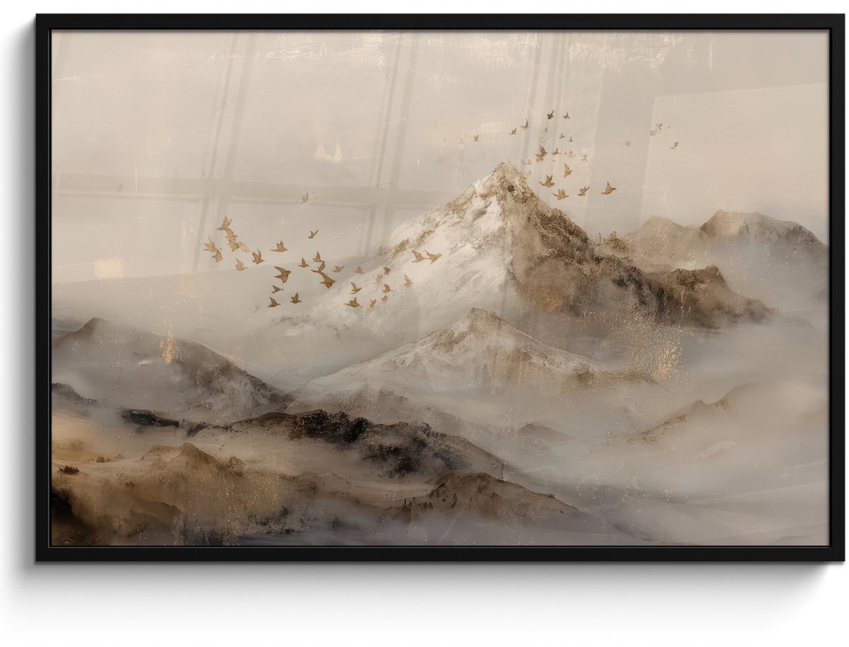 FrameYourWall Poster in lijst - Fotolijst 120x80 cm - Posters - Berglandschap - Mist - Penseelstreken - Posterlijst zwart - Decoratie - Wanddecoratie woonkamer - Muurdecoratie slaapkamer Berglandschap - Mist - Vogels