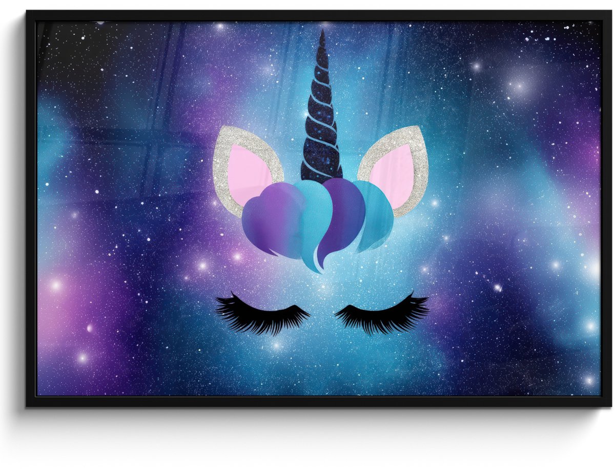FrameYourWall Poster in lijst - Fotolijst 120x80 cm - Posters - Eenhoorn - Sterren - Magisch - Blauw - Posterlijst zwart - Decoratie - Wanddecoratie woonkamer - Muurdecoratie slaapkamer Eenhoorn - Sterrenstelsel