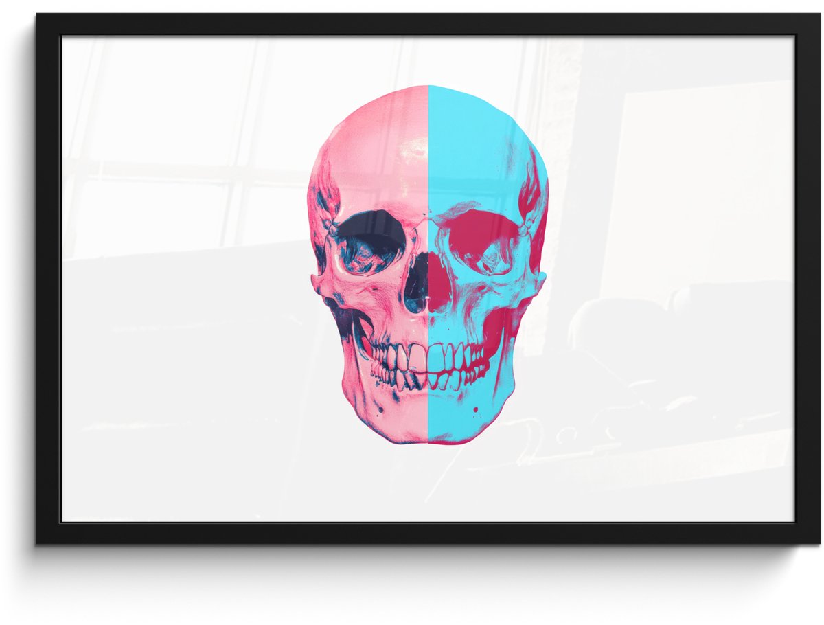 FrameYourWall Poster in lijst - Fotolijst 60x40 cm - Posters - Schedel - Grafisch - Roze - Verdeeld - Posterlijst zwart - Decoratie - Wanddecoratie woonkamer - Muurdecoratie slaapkamer