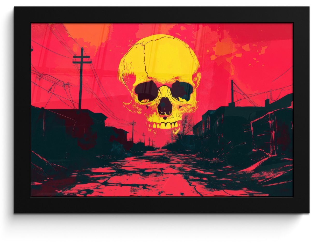 FrameYourWall Poster in lijst - Fotolijst 30x20 cm - Posters - Straat - Verlaten - Schedel - Geel - Posterlijst zwart - Decoratie - Wanddecoratie woonkamer - Muurdecoratie slaapkamer Schedel - Straat