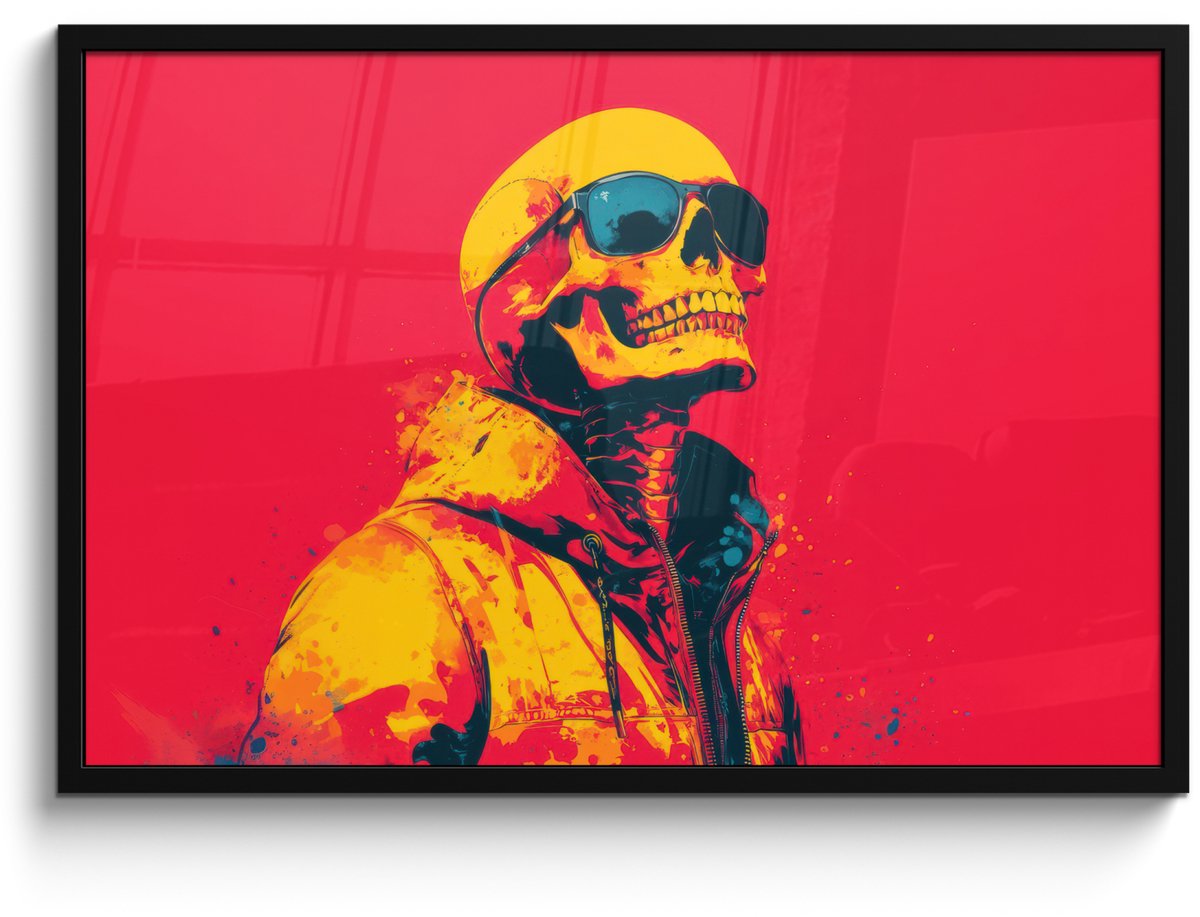 FrameYourWall Poster in lijst - Fotolijst 90x60 cm - Posters - Zonnebril - Schedel - Jas - Rood - Posterlijst zwart - Decoratie - Wanddecoratie woonkamer - Muurdecoratie slaapkamer Schedel - Zonnebril