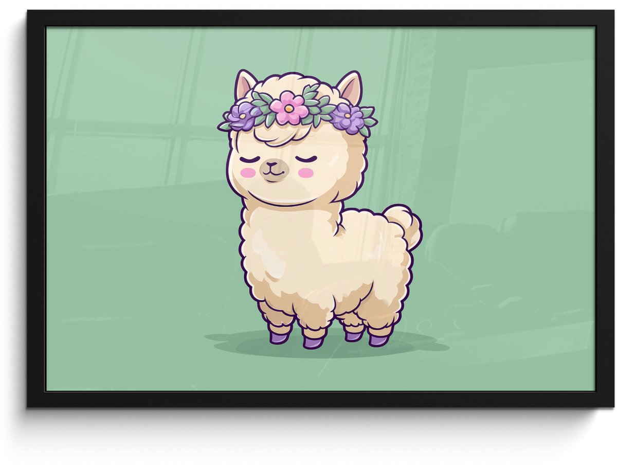 FrameYourWall Poster in lijst - Fotolijst 60x40 cm - Posters - Alpaca - Groen - Bloemendiadeem - Posterlijst zwart - Decoratie - Wanddecoratie woonkamer - Muurdecoratie slaapkamer