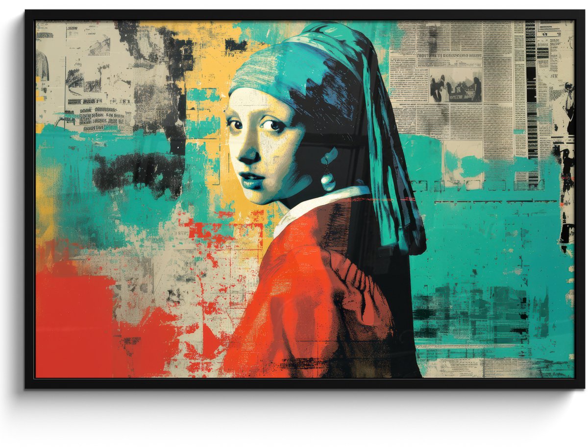 FrameYourWall Poster in lijst - Fotolijst 120x80 cm - Posters - Klassiek - Pareloorbel - Streetartstijl - Kleurrijk - Posterlijst zwart - Decoratie - Wanddecoratie woonkamer - Muurdecoratie slaapkamer Vrouw - Klassiek - Pareloorbel