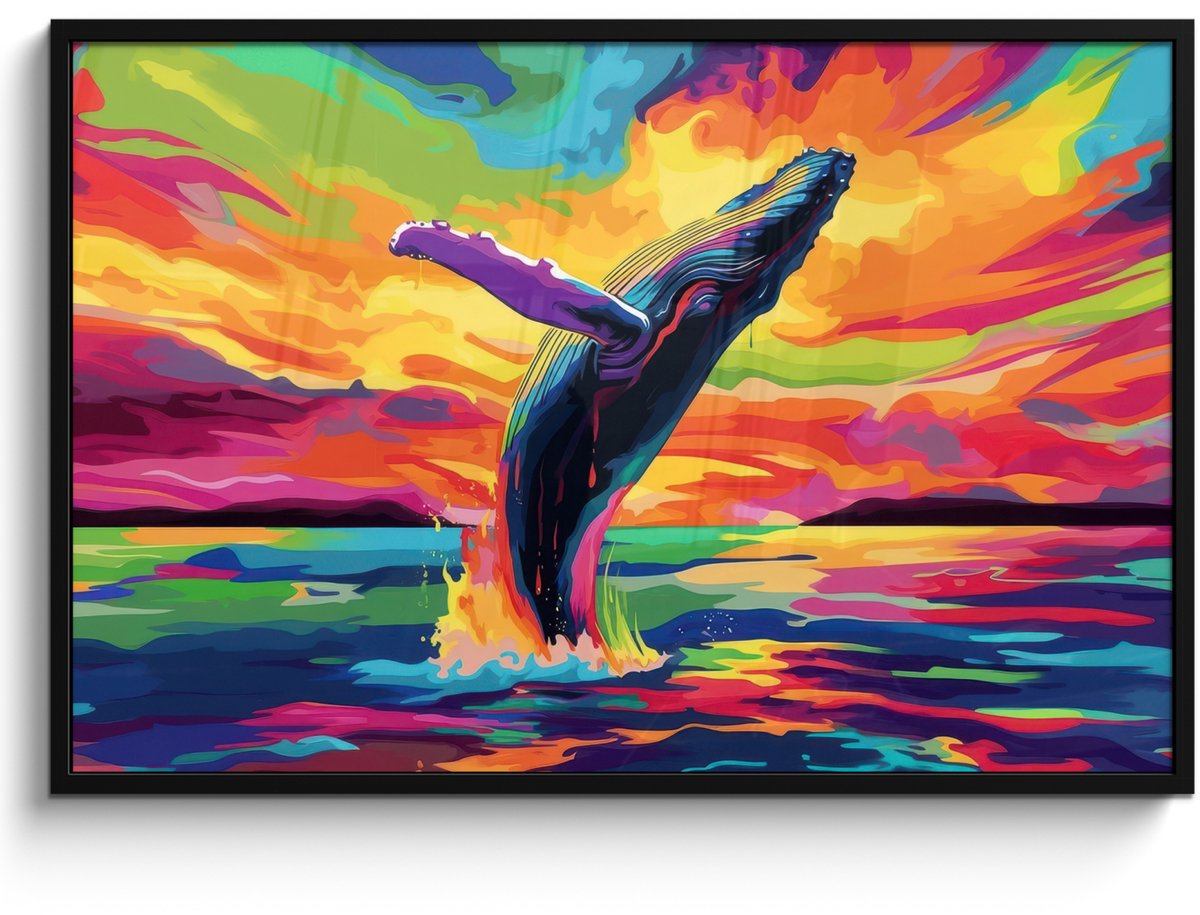 FrameYourWall Poster in lijst - Fotolijst 120x80 cm - Posters - Zonsondergang - Walvis - Geschilderd - Kleurrijk - Posterlijst zwart - Decoratie - Wanddecoratie woonkamer - Muurdecoratie slaapkamer Walvis - Kleurrijk