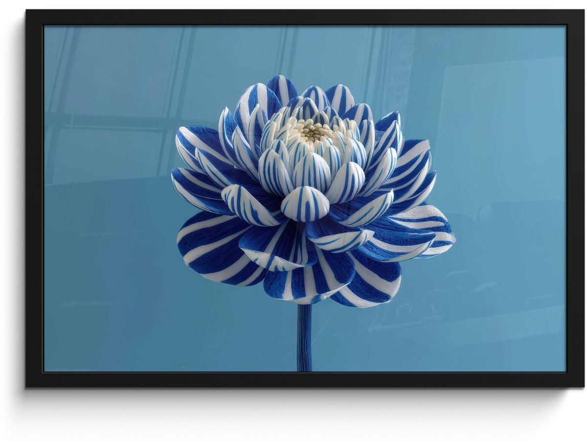 FrameYourWall Poster in lijst - Fotolijst 60x40 cm - Posters - Bloem - Blauw - Bloemblaadjes - Streepjes - Posterlijst zwart - Decoratie - Wanddecoratie woonkamer - Muurdecoratie slaapkamer