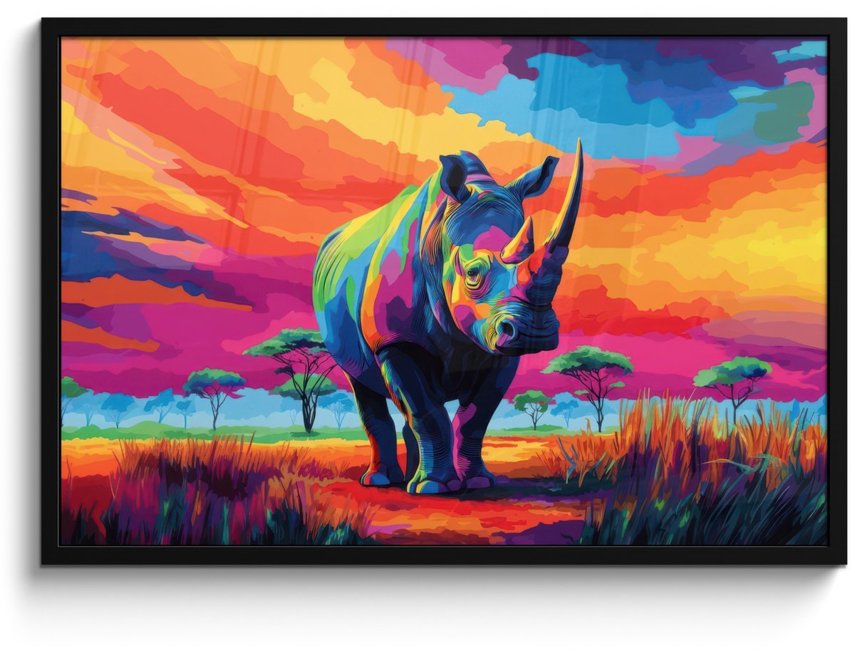 FrameYourWall Poster in lijst - Fotolijst 90x60 cm - Posters - Neushoorn - Zonsondergang - Savanna - Kleurrijk - Posterlijst zwart - Decoratie - Wanddecoratie woonkamer - Muurdecoratie slaapkamer Neushoorn - Kleurrijk
