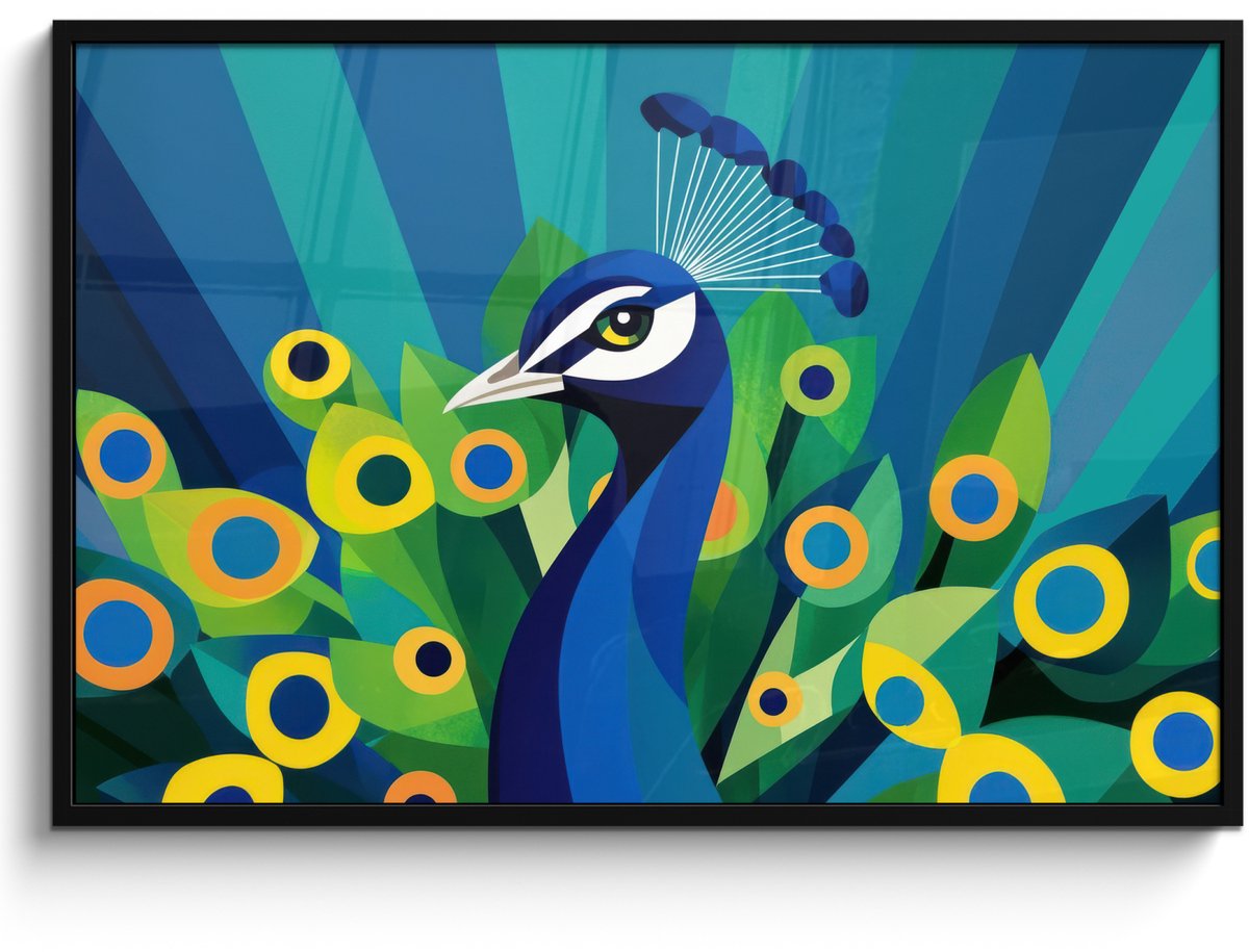 FrameYourWall Poster in lijst - Fotolijst 120x80 cm - Posters - Pauw - Cirkels - Blauw - Posterlijst zwart - Decoratie - Wanddecoratie woonkamer - Muurdecoratie slaapkamer