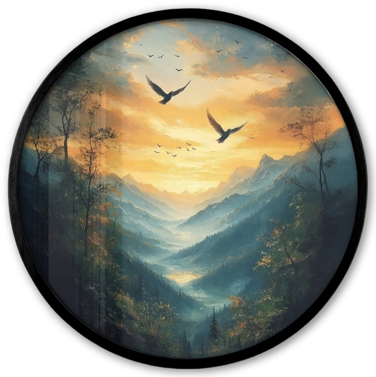 FrameYourWall Poster in lijst Rond - Fotolijst 40x40 cm - Posters - Vogels - Zon - Bomen - Groen - Ronde posterlijst zwart - Decoratie - Wanddecoratie woonkamer - Muurdecoratie slaapkamer Vogels - Bergen