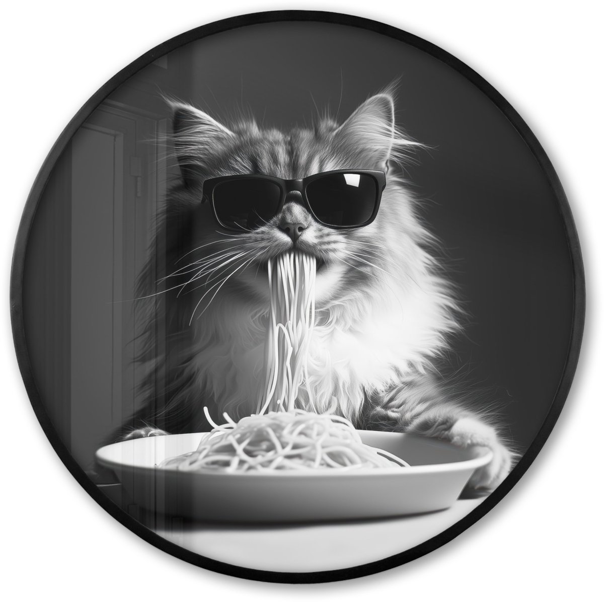 FrameYourWall Poster in lijst Rond - Fotolijst 60x60 cm - Posters - Langharige kat - Zonnebril - Spaghetti - Humor - Zwart - wit - Ronde posterlijst zwart - Decoratie - Wanddecoratie woonkamer - Muurdecoratie slaapkamer