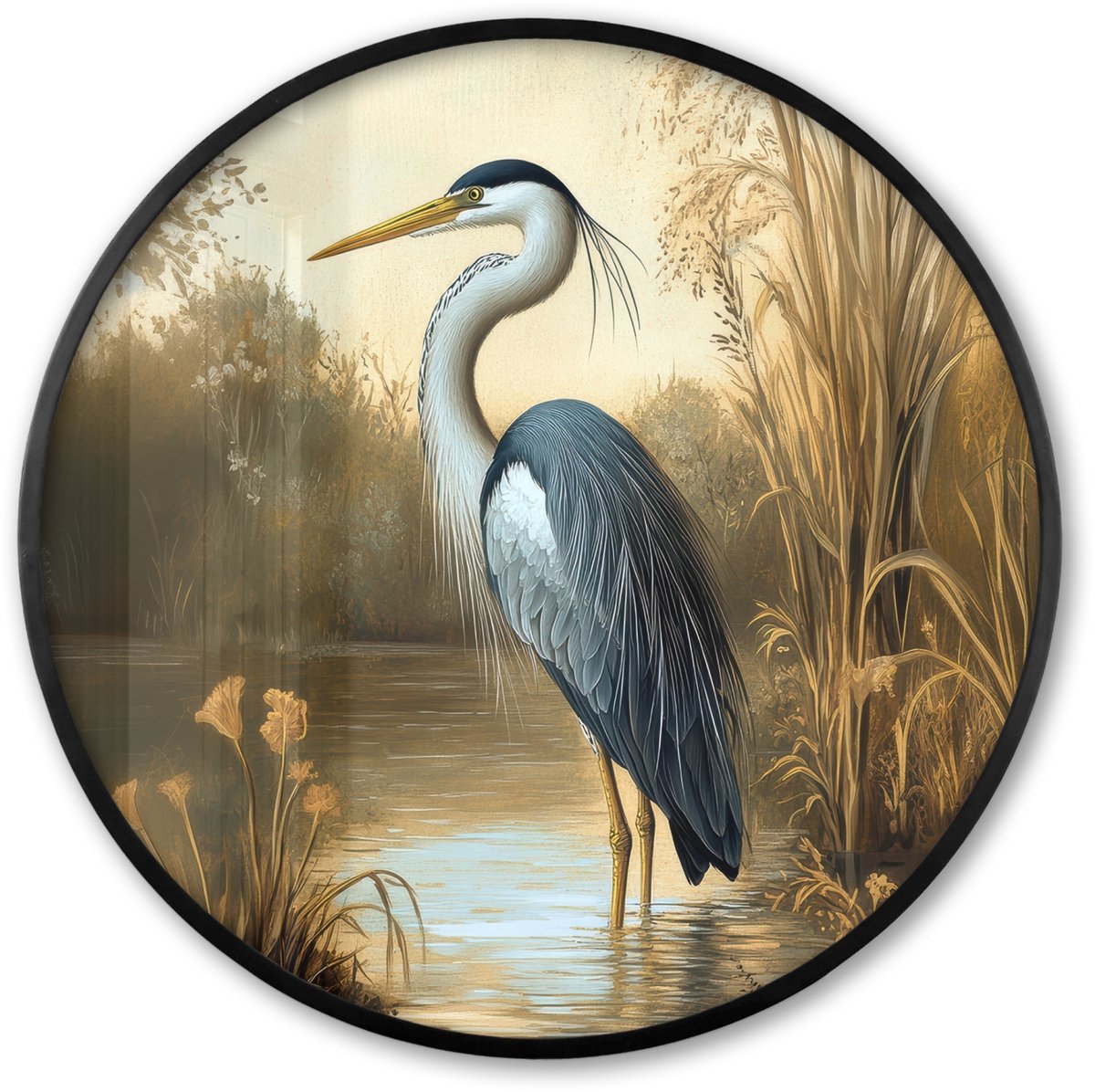 FrameYourWall Poster in lijst Rond - Fotolijst 80x80 cm - Posters - Reiger - Water - Planten - Ronde posterlijst zwart - Decoratie - Wanddecoratie woonkamer - Muurdecoratie slaapkamer Reiger - Planten