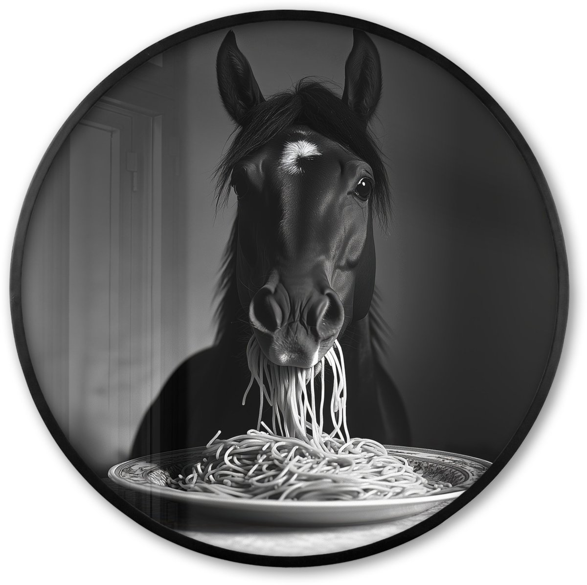 FrameYourWall Poster in lijst Rond - Fotolijst 60x60 cm - Posters - Paard - Bord - Pasta - Tafelkleed - Zwart Wit - Dieren - Ronde posterlijst zwart - Decoratie - Wanddecoratie woonkamer - Muurdecoratie slaapkamer