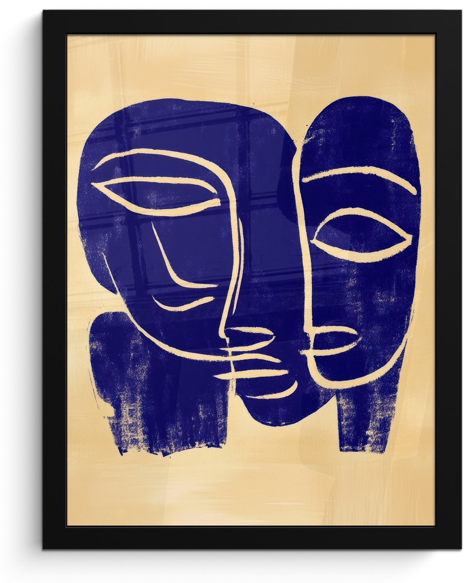 FrameYourWall Poster in lijst - Fotolijst 30x40 cm - Posters - Okergeel - Blauw - Eenvoudige lijnen - Posterlijst zwart - Decoratie - Wanddecoratie woonkamer - Muurdecoratie slaapkamer Lijnen - Gezichten