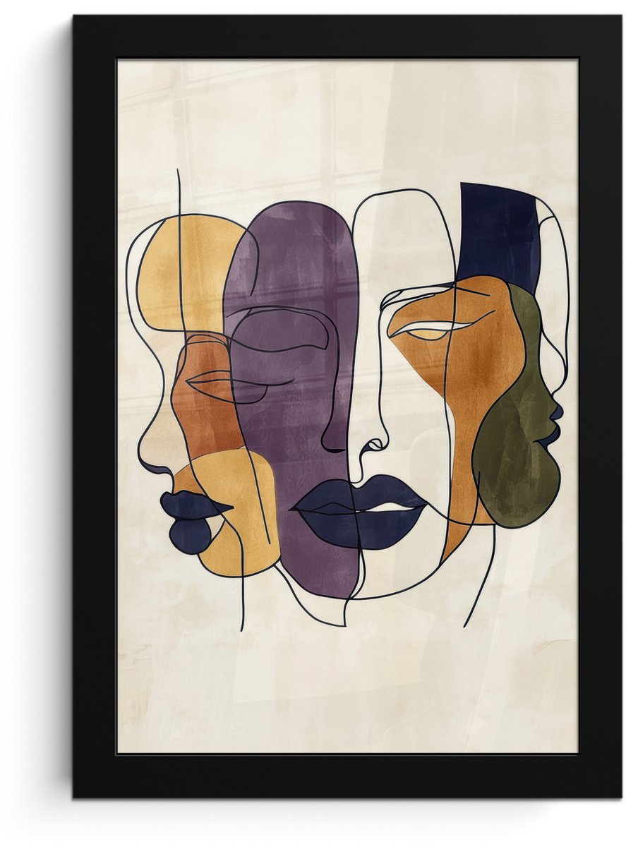 FrameYourWall Poster in lijst - Fotolijst 20x30 cm - Posters - Abstract - Overlappende gezichten - Paars - Donkergroen - Posterlijst zwart - Decoratie - Wanddecoratie woonkamer - Muurdecoratie slaapkamer Abstract - Gezichten