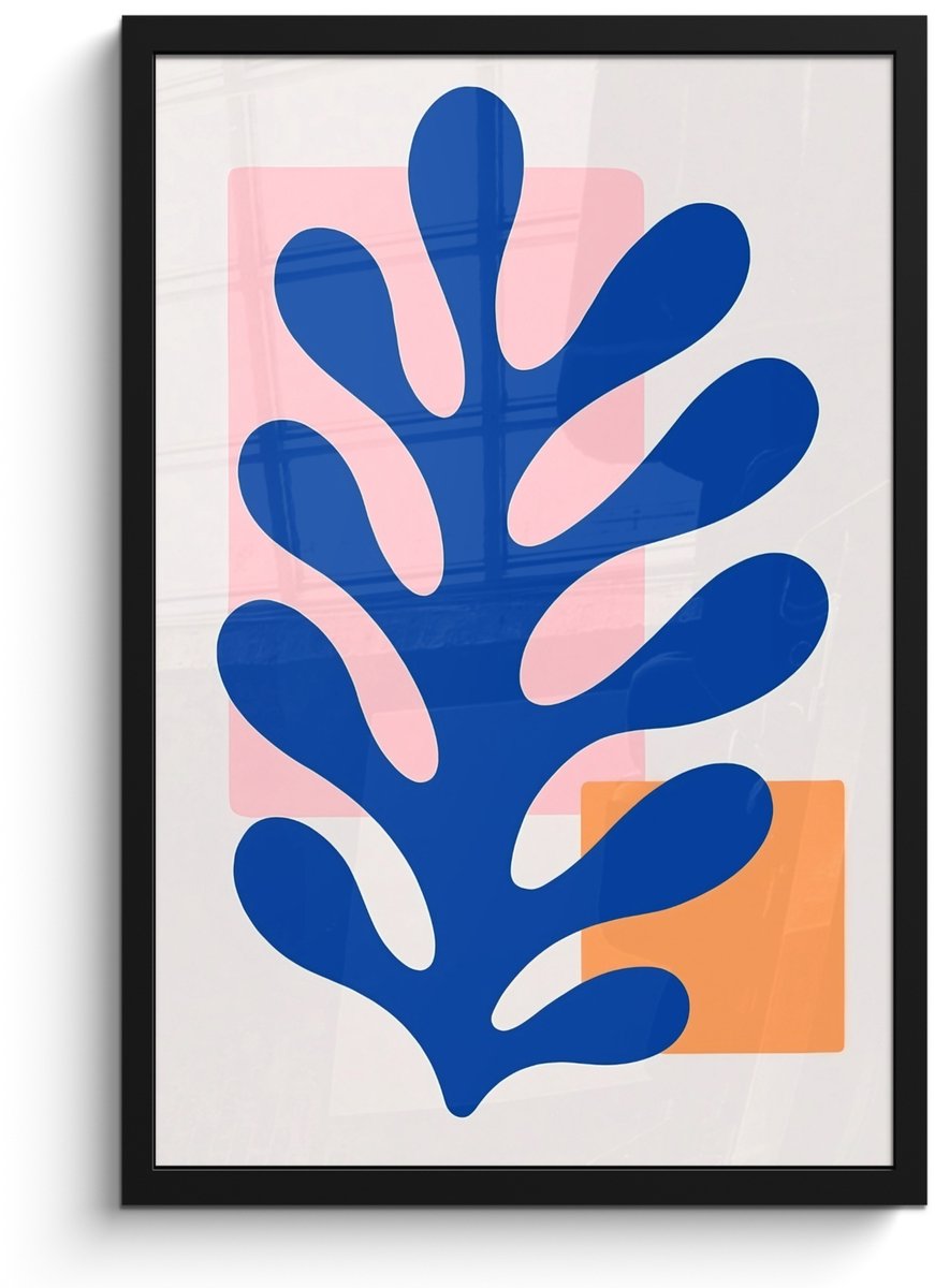 FrameYourWall Poster in lijst - Fotolijst 40x60 cm - Posters - Abstract - Blad - Blauw - Rechthoeken - Posterlijst zwart - Decoratie - Wanddecoratie woonkamer - Muurdecoratie slaapkamer
