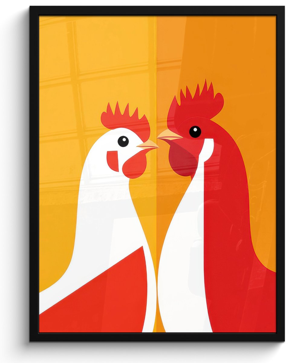 FrameYourWall Poster in lijst - Fotolijst 60x80 cm - Posters - Kippen - Oranje - Vlakken - Posterlijst zwart - Decoratie - Wanddecoratie woonkamer - Muurdecoratie slaapkamer