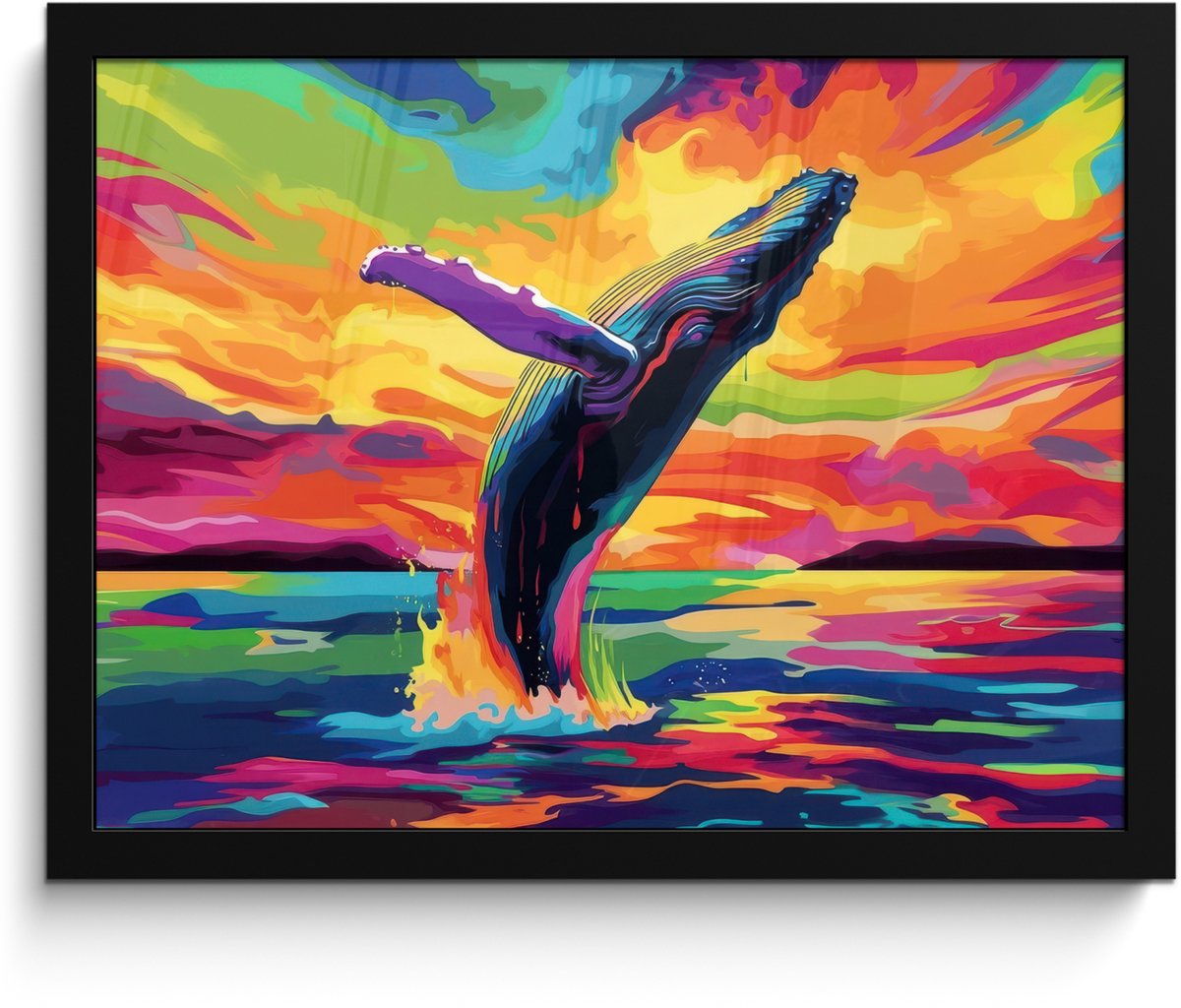 FrameYourWall Poster in lijst - Fotolijst 40x30 cm - Posters - Zonsondergang - Walvis - Geschilderd - Kleurrijk - Posterlijst zwart - Decoratie - Wanddecoratie woonkamer - Muurdecoratie slaapkamer Walvis - Kleurrijk