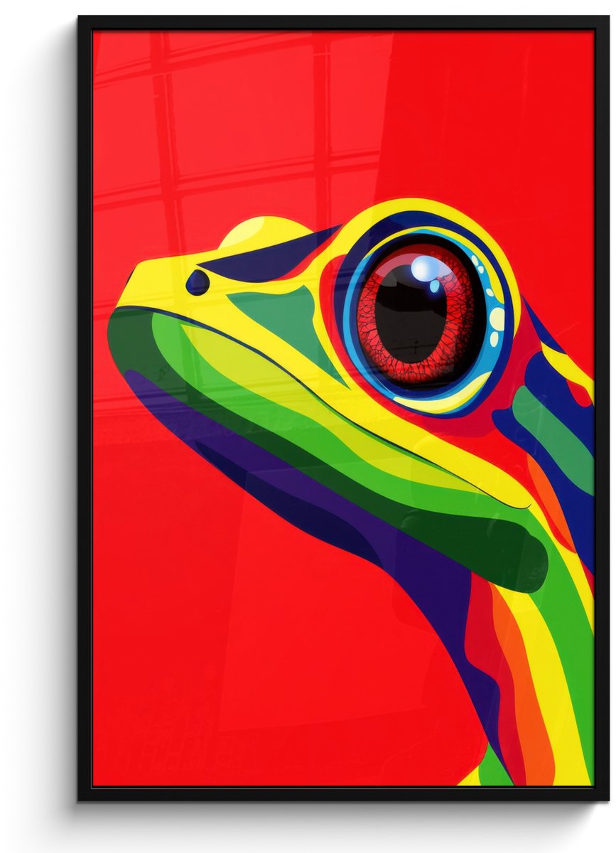 FrameYourWall Poster in lijst - Fotolijst 80x120 cm - Posters - Kikker - Kleurrijk - Strepen - Ogen - Posterlijst zwart - Decoratie - Wanddecoratie woonkamer - Muurdecoratie slaapkamer