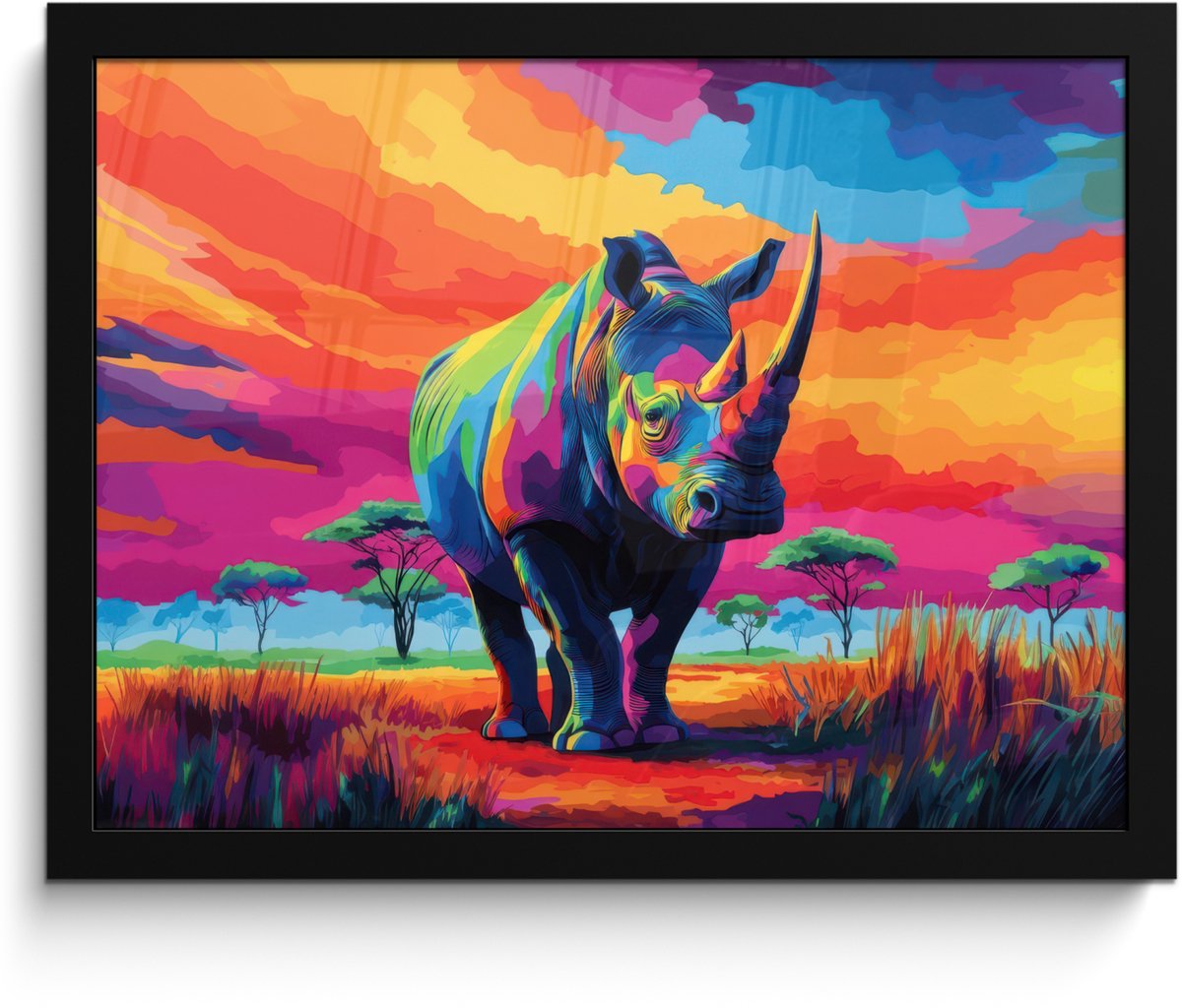 FrameYourWall Poster in lijst - Fotolijst 40x30 cm - Posters - Neushoorn - Zonsondergang - Savanna - Kleurrijk - Posterlijst zwart - Decoratie - Wanddecoratie woonkamer - Muurdecoratie slaapkamer Neushoorn - Kleurrijk