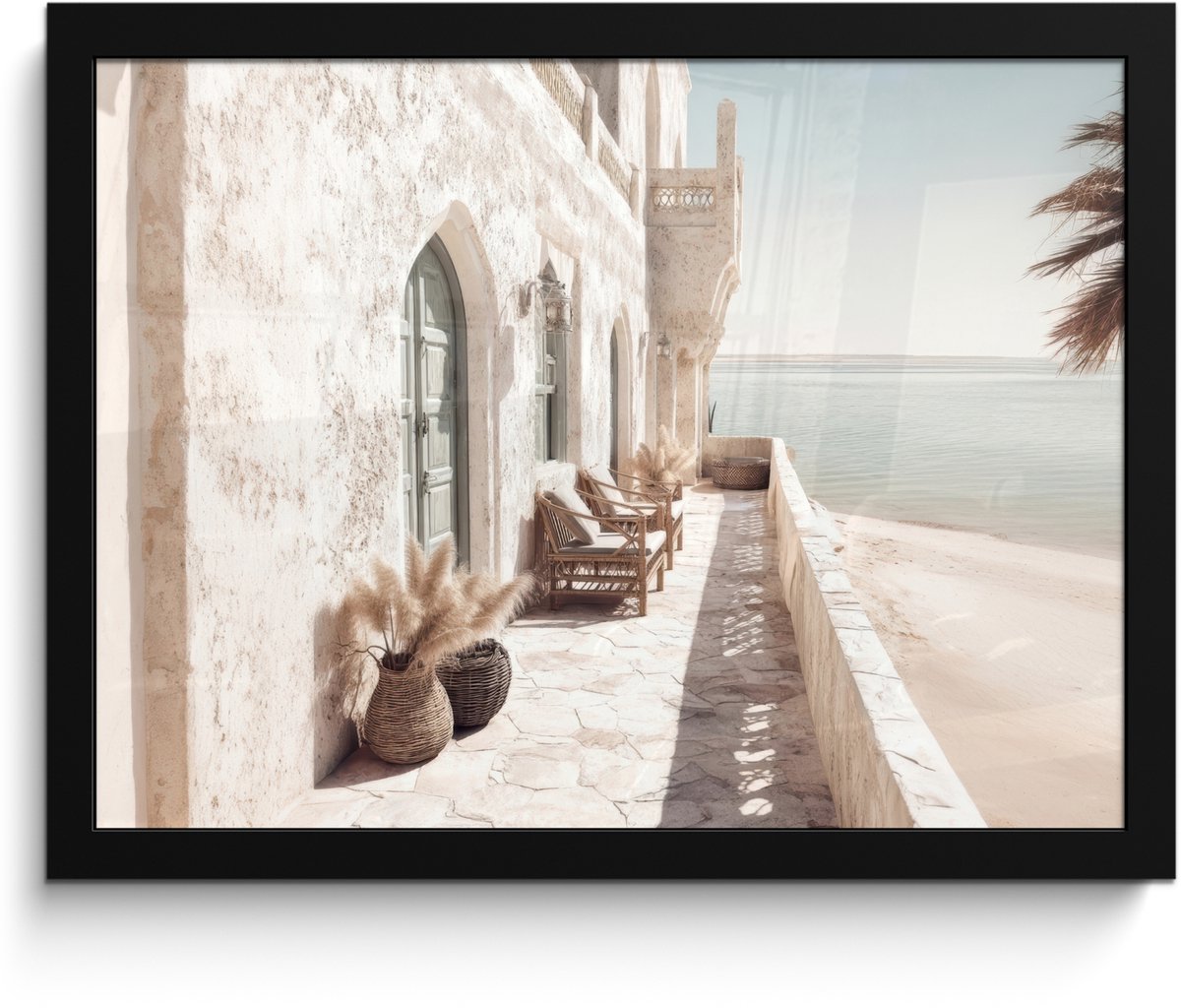 FrameYourWall Poster in lijst - Fotolijst 40x30 cm - Posters - Terras - Stoelen - Strand - Beige - Posterlijst zwart - Decoratie - Wanddecoratie woonkamer - Muurdecoratie slaapkamer Huis - Stoelen - Strand