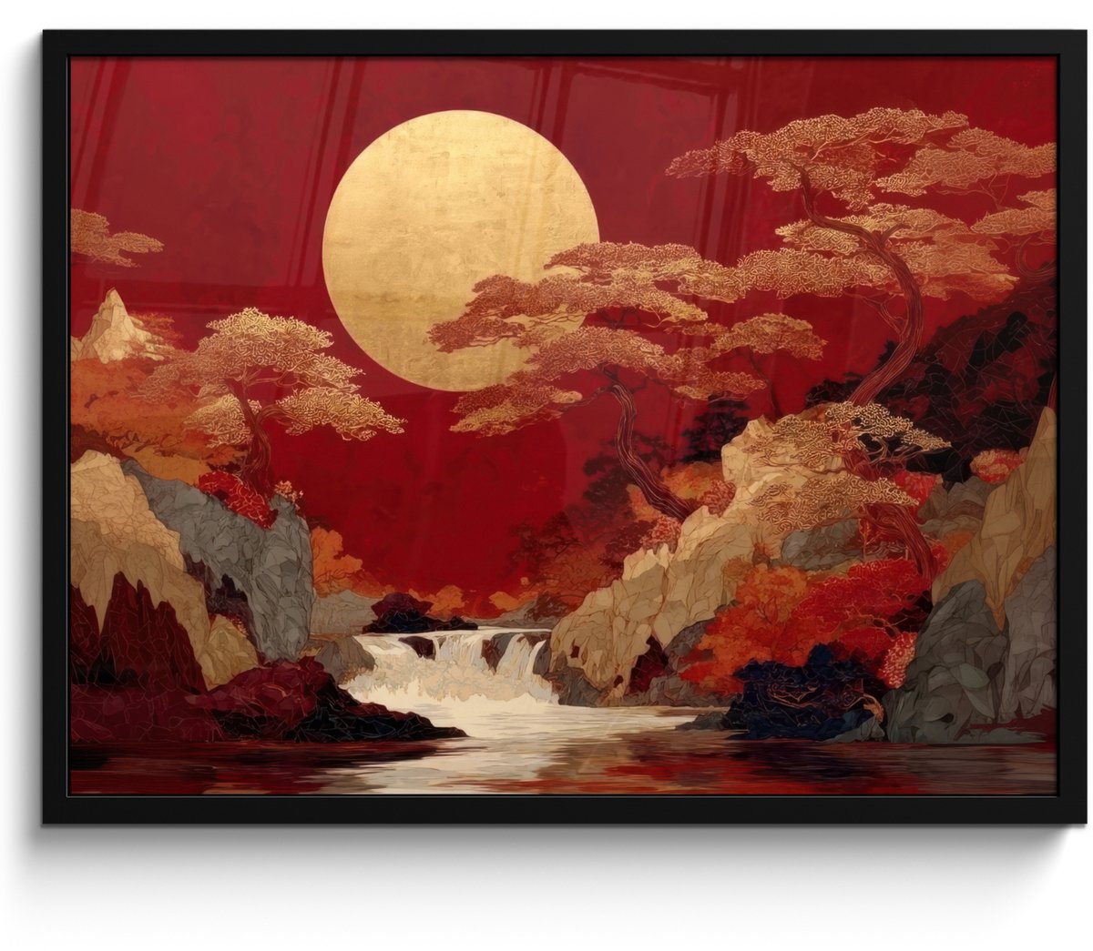 FrameYourWall Poster in lijst - Fotolijst 80x60 cm - Posters - Volle maan - Landschap - Waterval - Posterlijst zwart - Decoratie - Wanddecoratie woonkamer - Muurdecoratie slaapkamer