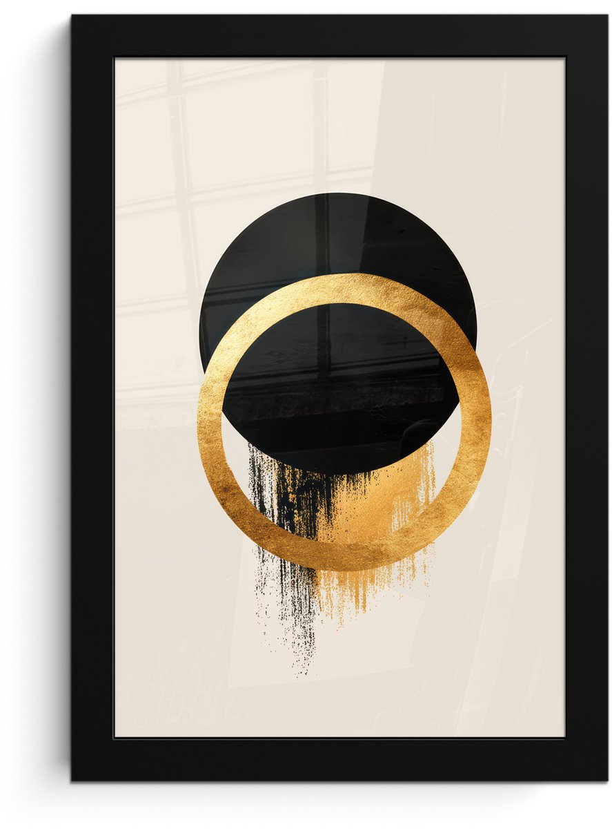 FrameYourWall Poster in lijst - Fotolijst 20x30 cm - Posters - Abstract ontwerp - Zwarte cirkel - Verfvlekken - Posterlijst zwart - Decoratie - Wanddecoratie woonkamer - Muurdecoratie slaapkamer Cirkels - Verfvlekken