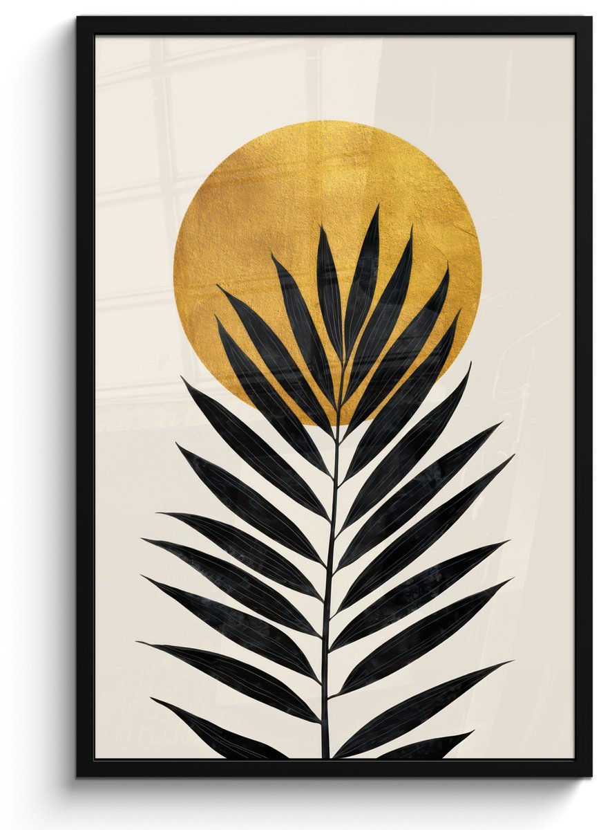 FrameYourWall Poster in lijst - Fotolijst 60x90 cm - Posters - Zwart palmblad - Gouden cirkel - Beige achtergrond - Posterlijst zwart - Decoratie - Wanddecoratie woonkamer - Muurdecoratie slaapkamer Palmblad - Cirkel
