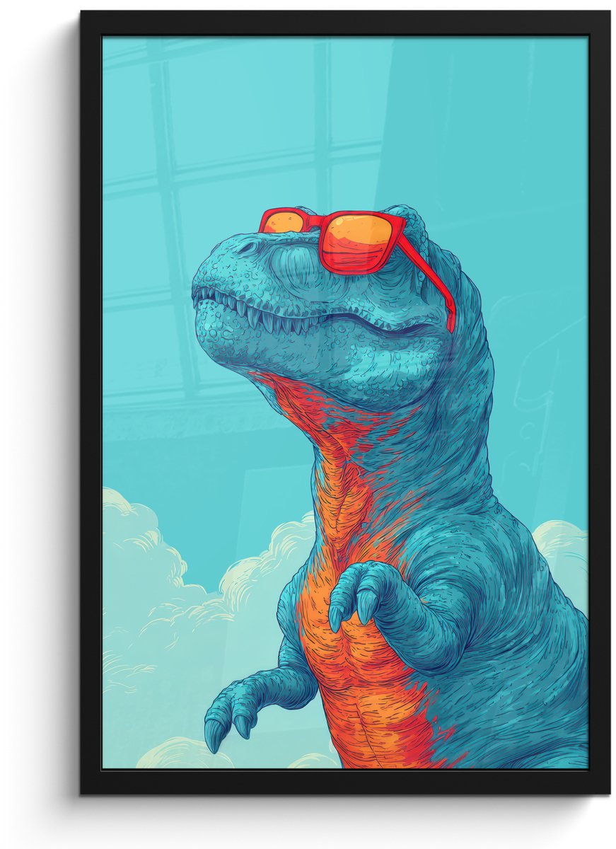 FrameYourWall Poster in lijst - Fotolijst 40x60 cm - Posters - T-Rex - Blauw - Wolken - Zonnebril - Posterlijst zwart - Decoratie - Wanddecoratie woonkamer - Muurdecoratie slaapkamer Dinosaurus - Wolken - Zonnebril