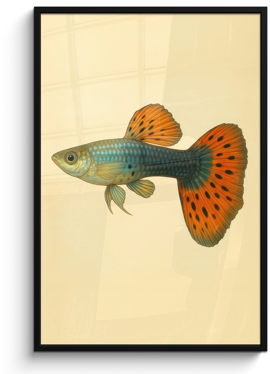 FrameYourWall Poster in lijst - Fotolijst 80x120 cm - Posters - Vis - illustratie - Stippen - Oranje - Posterlijst zwart - Decoratie - Wanddecoratie woonkamer - Muurdecoratie slaapkamer