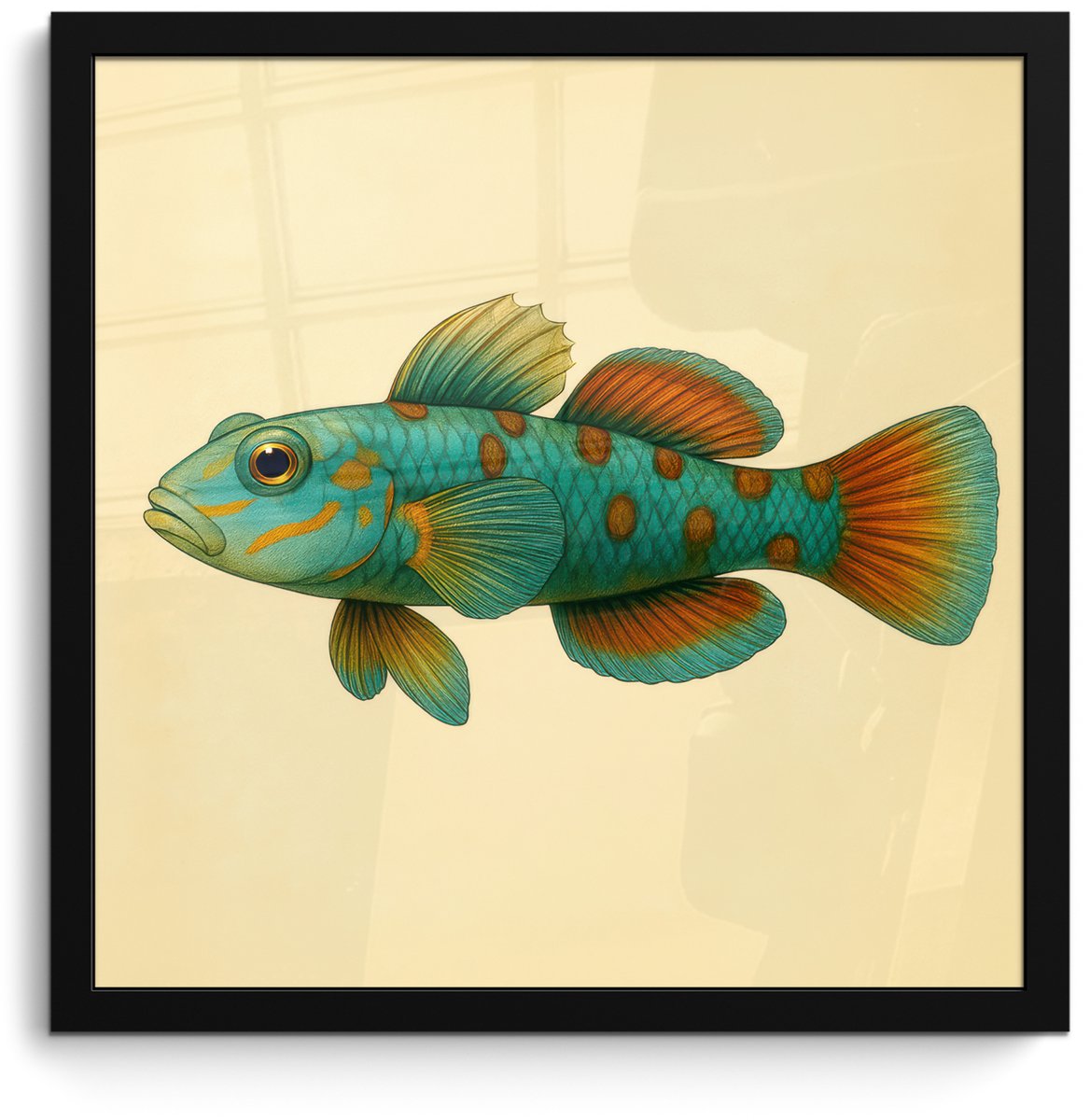 FrameYourWall Poster in lijst - Fotolijst 40x40 cm - Posters - Vis - Blauw - Stippen - Schubben - Posterlijst zwart - Decoratie - Wanddecoratie woonkamer - Muurdecoratie slaapkamer Vis - Stippen