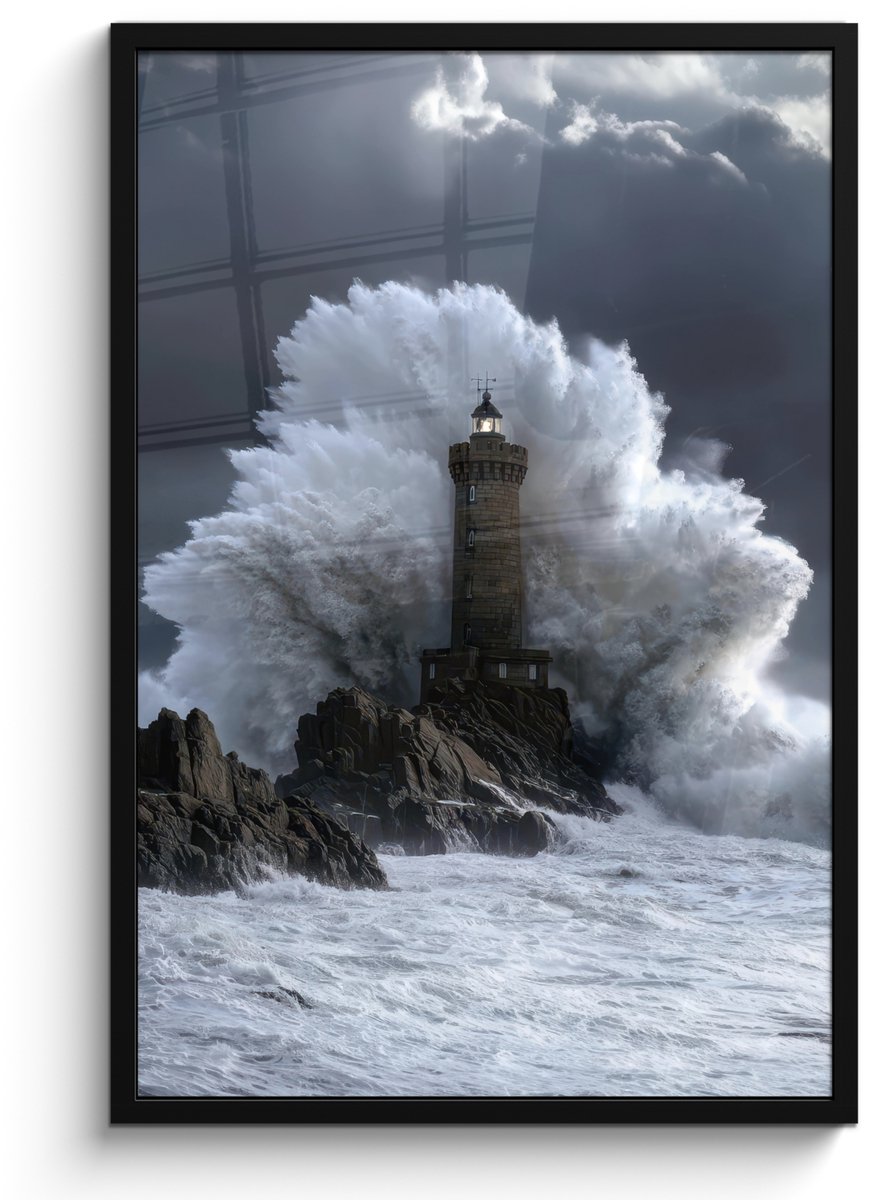 FrameYourWall Poster in lijst - Fotolijst 60x90 cm - Posters - Golf - Vuurtoren - Schuimend water - Posterlijst zwart - Decoratie - Wanddecoratie woonkamer - Muurdecoratie slaapkamer