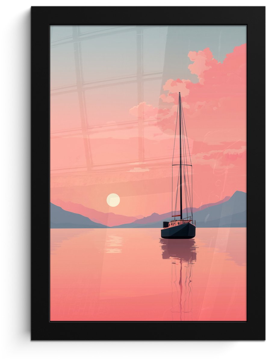 FrameYourWall Poster in lijst - Fotolijst 20x30 cm - Posters - Zeilboot - Roze zee - Zonsondergang - Bergen - Posterlijst zwart - Decoratie - Wanddecoratie woonkamer - Muurdecoratie slaapkamer Zeilboot - Zee - Bergen