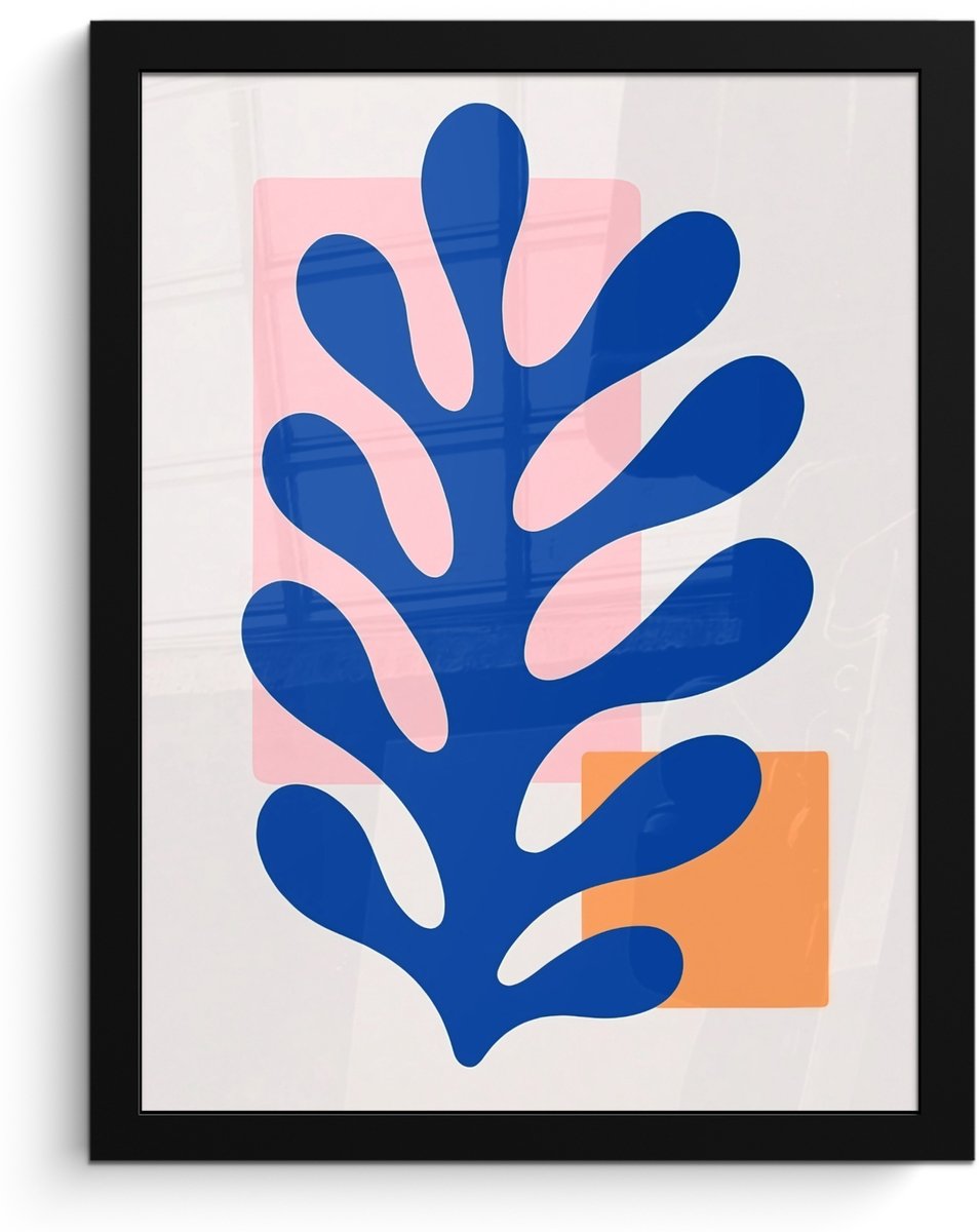 FrameYourWall Poster in lijst - Fotolijst 30x40 cm - Posters - Abstract - Blad - Blauw - Rechthoeken - Posterlijst zwart - Decoratie - Wanddecoratie woonkamer - Muurdecoratie slaapkamer