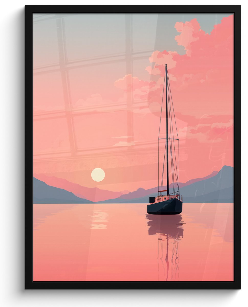 FrameYourWall Poster in lijst - Fotolijst 60x80 cm - Posters - Zeilboot - Roze zee - Zonsondergang - Bergen - Posterlijst zwart - Decoratie - Wanddecoratie woonkamer - Muurdecoratie slaapkamer Zeilboot - Zee - Bergen