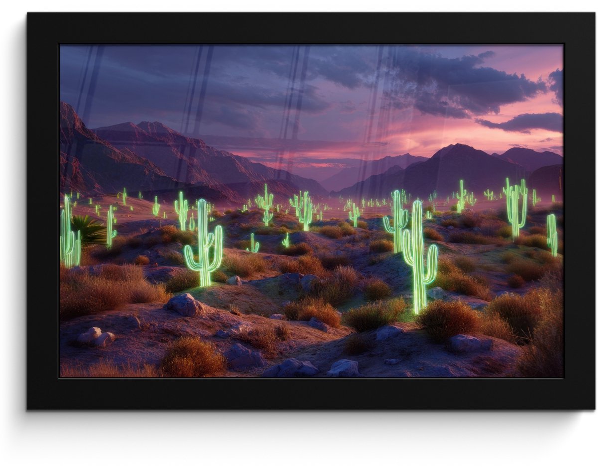 FrameYourWall Poster in lijst - Fotolijst 30x20 cm - Posters - Neon cactussen - Woestijn - Zonsondergang - Posterlijst zwart - Decoratie - Wanddecoratie woonkamer - Muurdecoratie slaapkamer Neon - cactus - Woestijn
