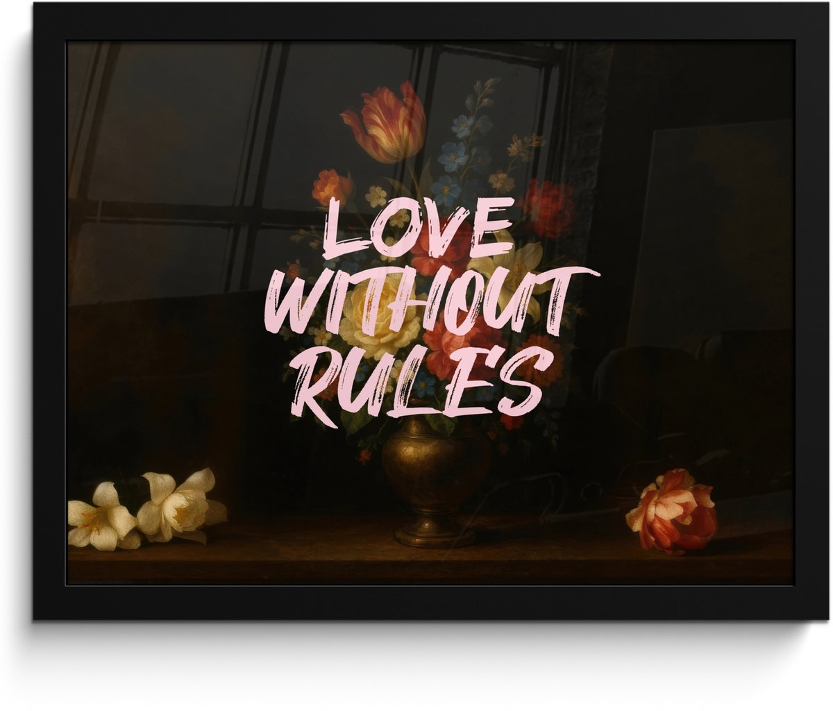 FrameYourWall Poster in lijst - Fotolijst 40x30 cm - Posters - Liefde - Modern - Bloemen - Posterlijst zwart - Decoratie - Wanddecoratie woonkamer - Muurdecoratie slaapkamer Love without rules