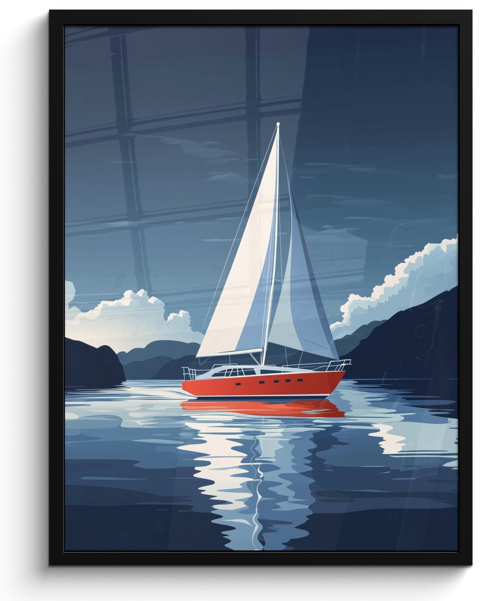 FrameYourWall Poster in lijst - Fotolijst 60x80 cm - Posters - Zeilboot - Donkere bergen - Stilte - Posterlijst zwart - Decoratie - Wanddecoratie woonkamer - Muurdecoratie slaapkamer Zeilboot - Wolken